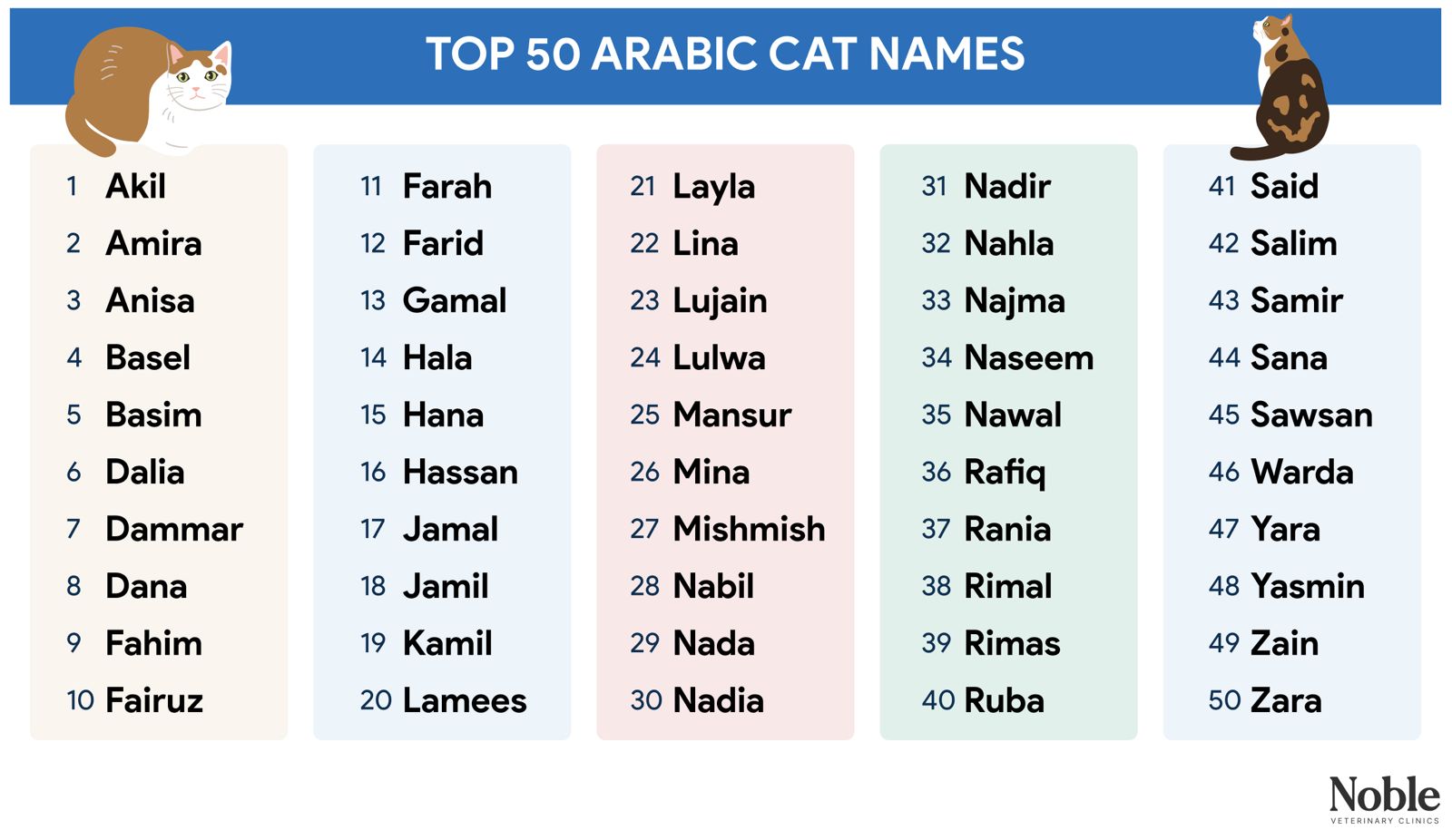 A list of 50 Arabic cat name suggestions that have various beautiful meanings.