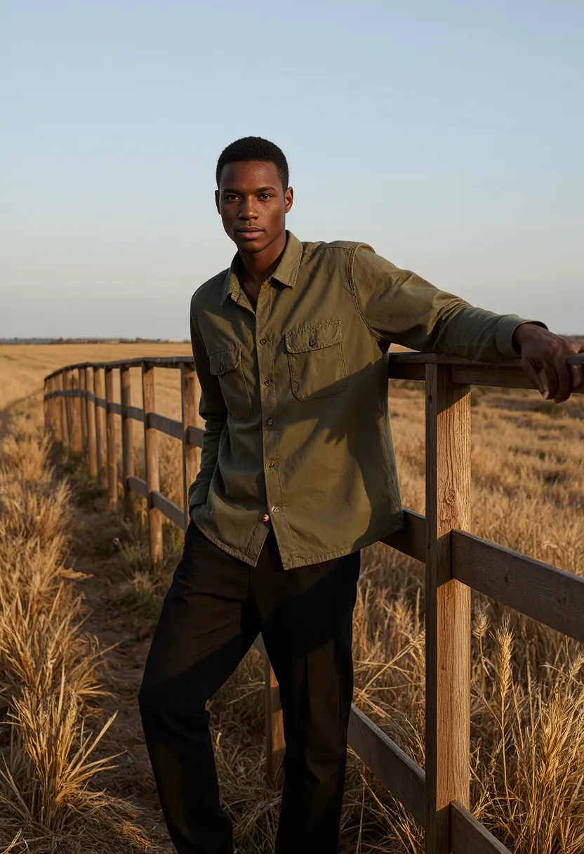Fashion editorial photograph capturing a person in olive shirt against golden wheat field at sunset, leaning on wooden fence