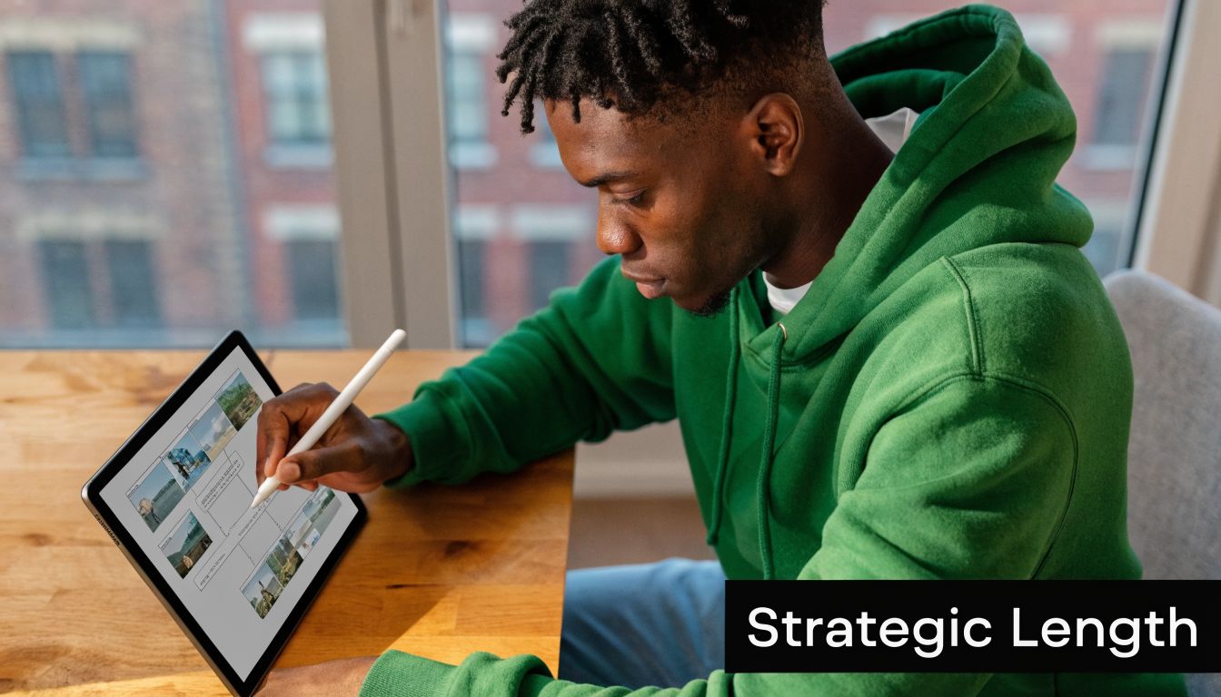 A young man sitting at a desk drawing a storyboard on his tablet with a stylus.