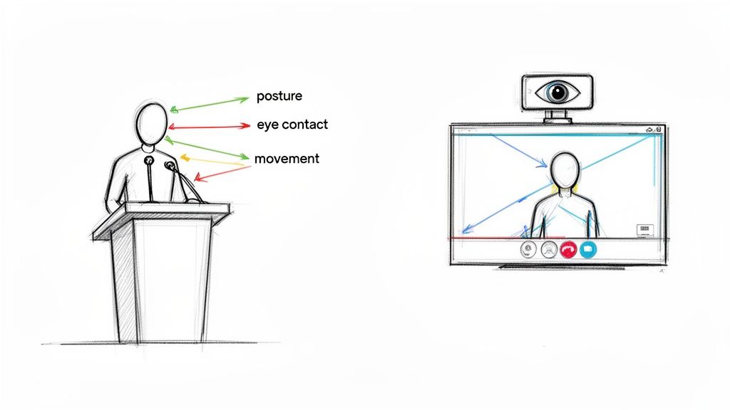 Illustration of a speaker's body language in-person at a podium and virtually on a video call.