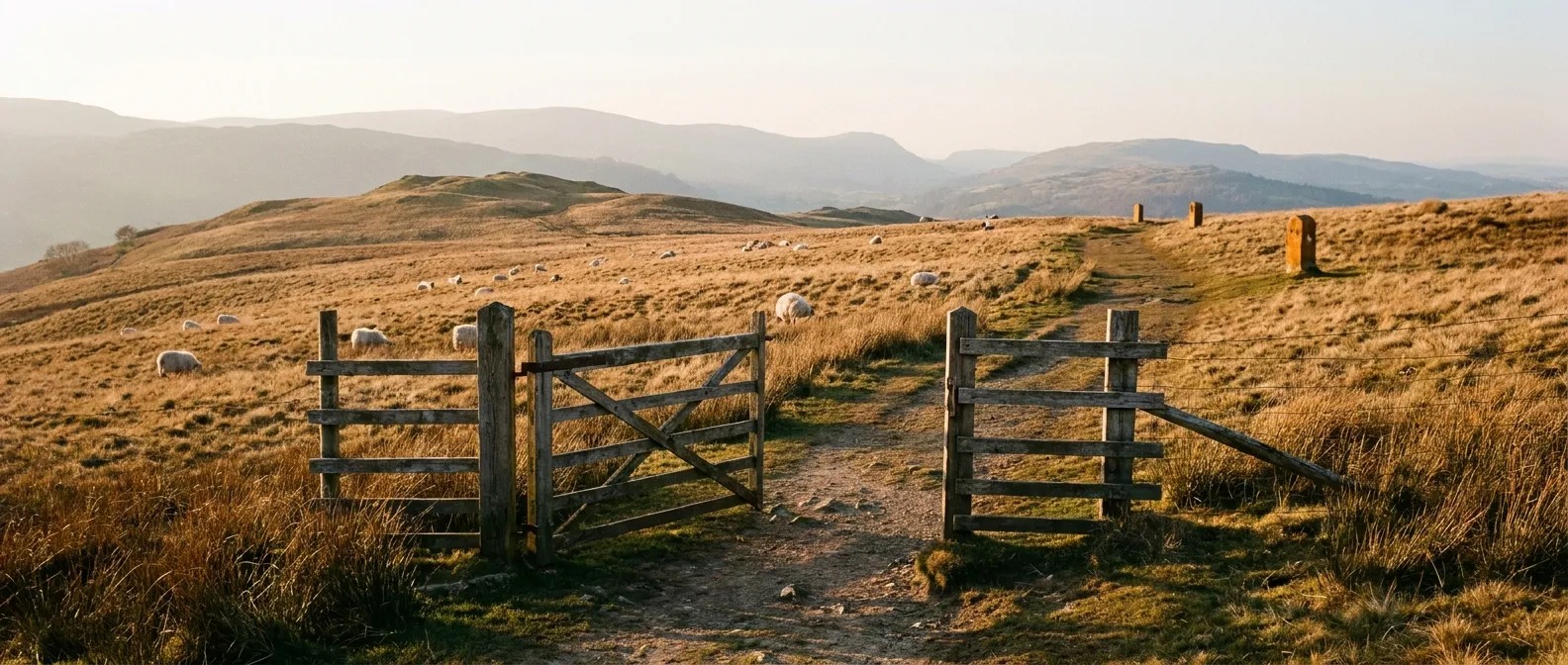 Rustic gate opens to scenic hills; RockN' Socials Digital Marketing Agency.