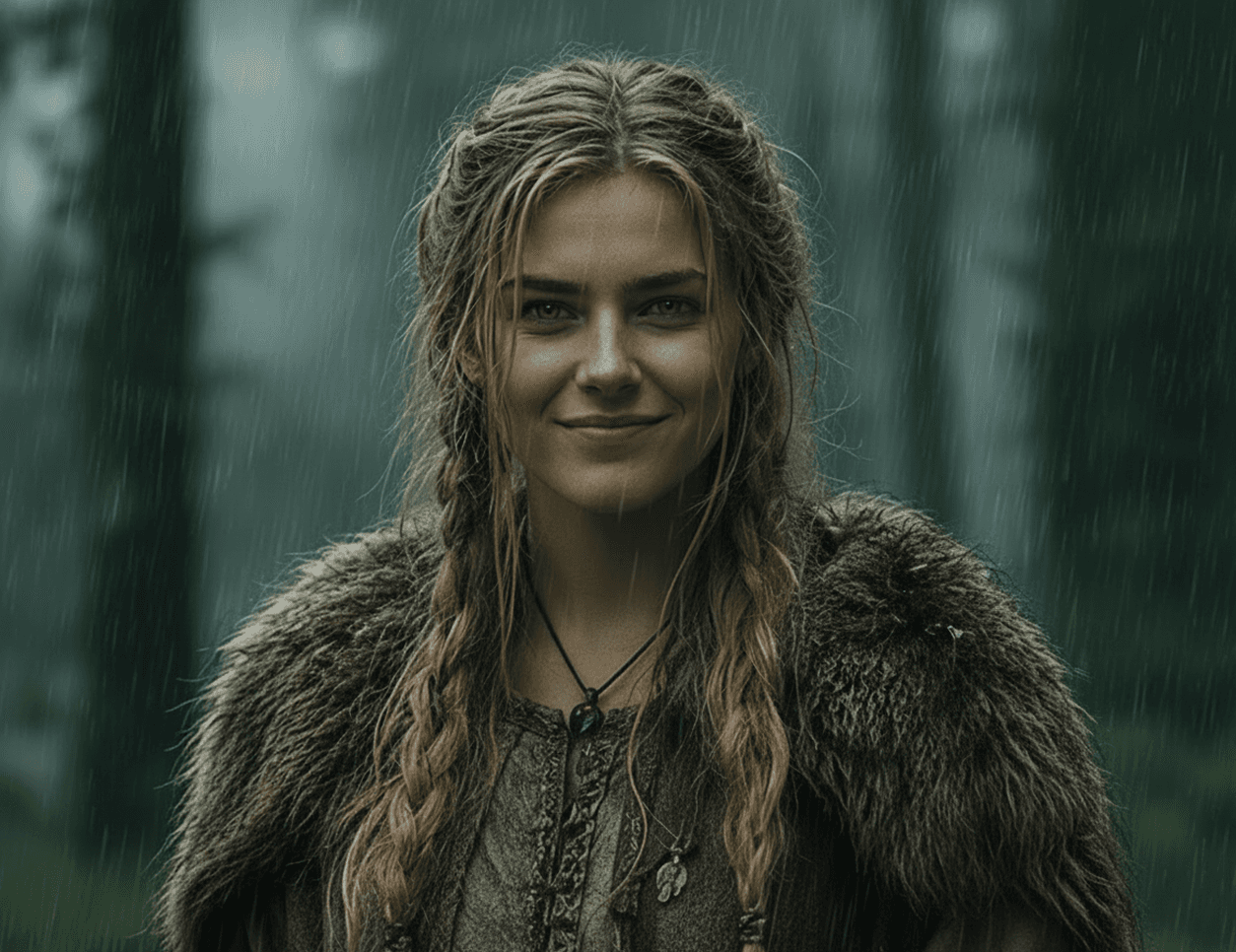 Character portrait of Zinka, a smiling woman with blonde braided hair wearing a fur mantle, standing in a dark, rainy forest.
