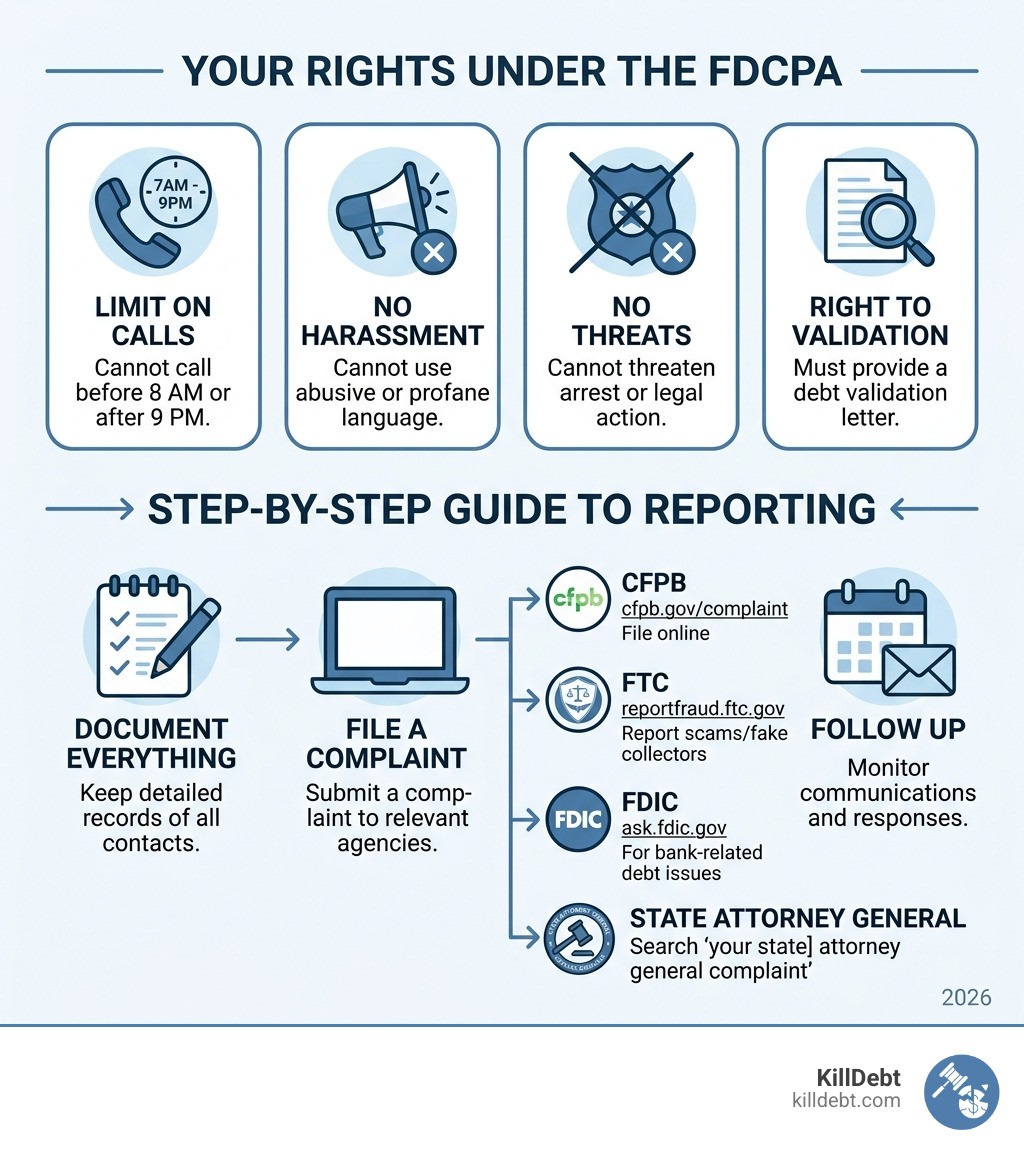 Infographic showing FDCPA rights and how to report a collection agency step by step - how to report a collection agency
