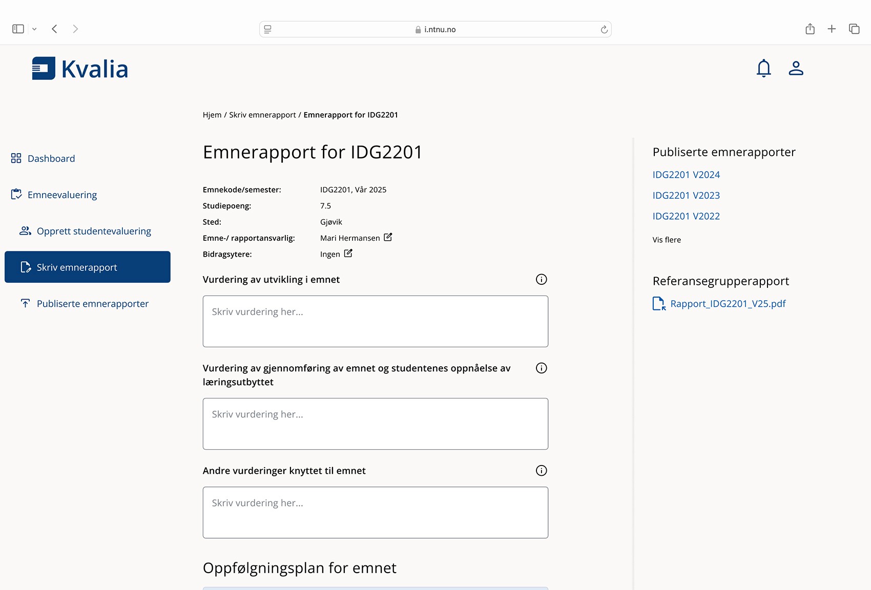 Kvalia Emnerapportside
