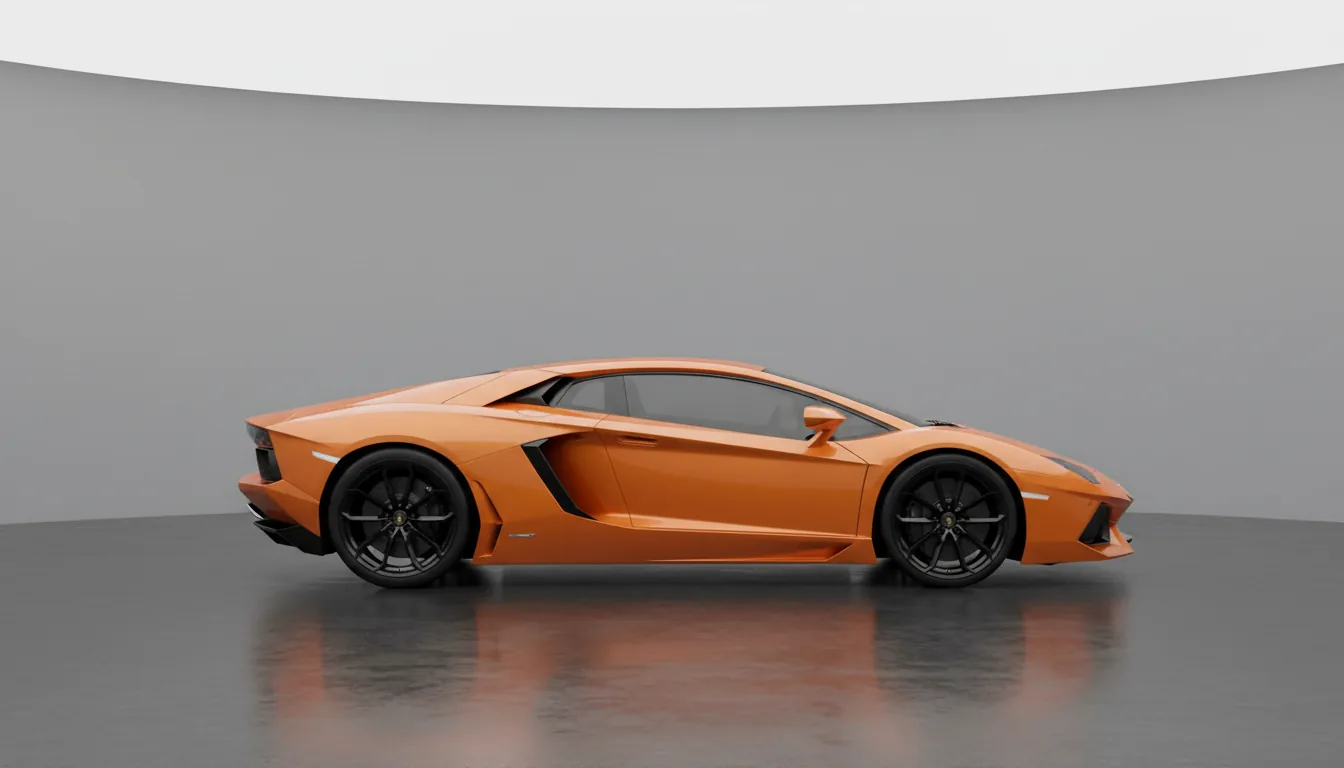 A hyperrealistic 3D render of a vibrant orange Lamborghini Aventador, captured in an eye-level side profile view. The supercar is showcased in a minimalist studio setting with a seamless, neutral grey cyclorama background. Lit by soft global illumination, the glossy paint reflects the studio lights. The vehicle rests on a dark, polished concrete floor, casting soft shadows and subtle reflections. Twinmotion product configurator style.