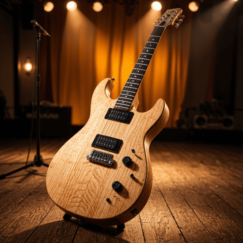 product photography of a wooden electric guitar model, used for music performance