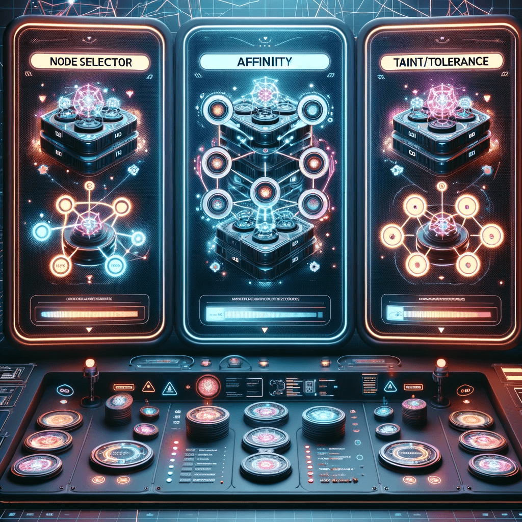 Futuristic control panel interface with three sections labeled 'Node Selector', 'Affinity', and 'Taint/Tolerance', each displaying holographic structures and connectivity diagrams, symbolizing advanced computing concepts or data processing modules.