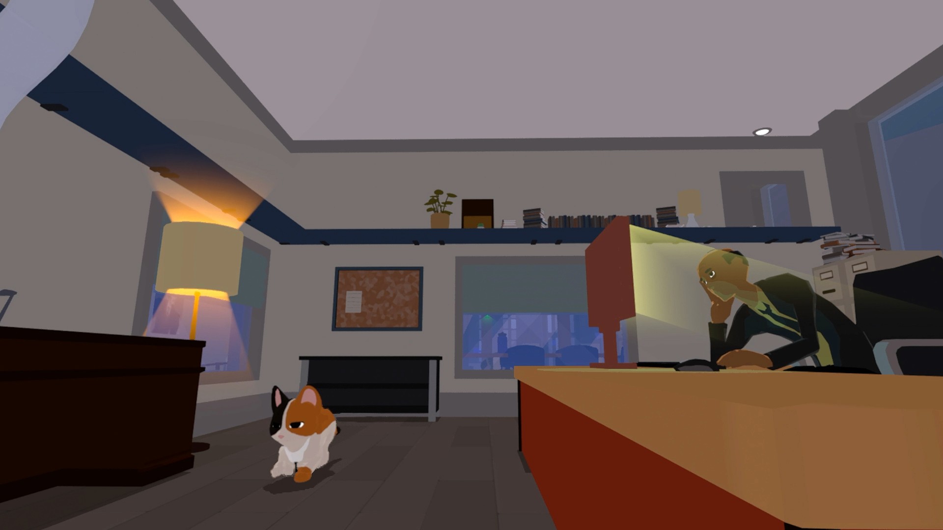 Cat Secretary stretching in their office before going to bed for the night