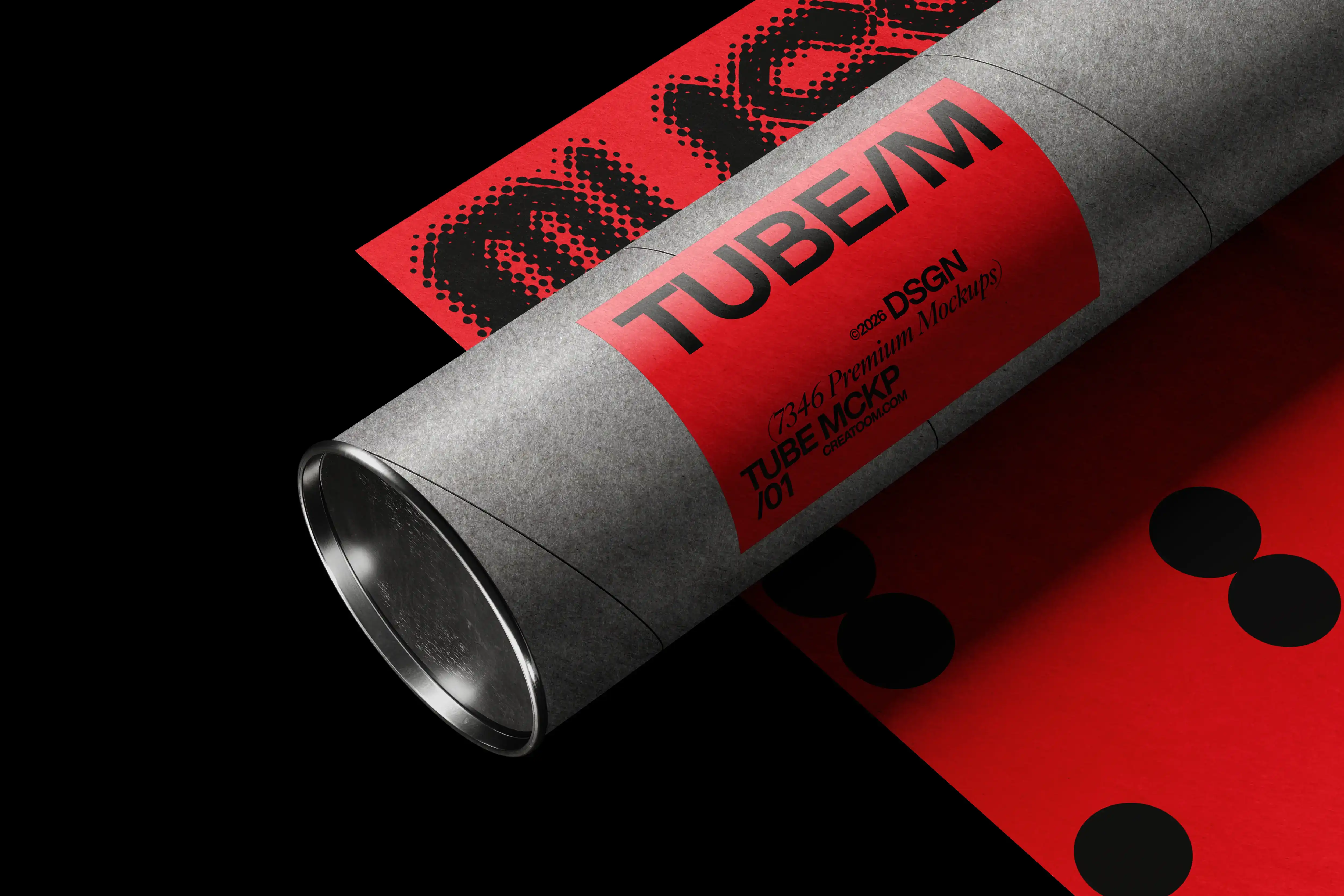 Poster tube with red label on gray cylinder and black halftone typography