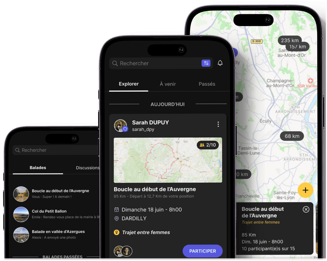 Interface de l’application moto On Wheels avec liste de balades, carte interactive et aperçu des trajets