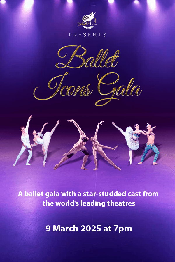 Ballet Icons Gala poster with ballet dancer en pointe against a dark background.