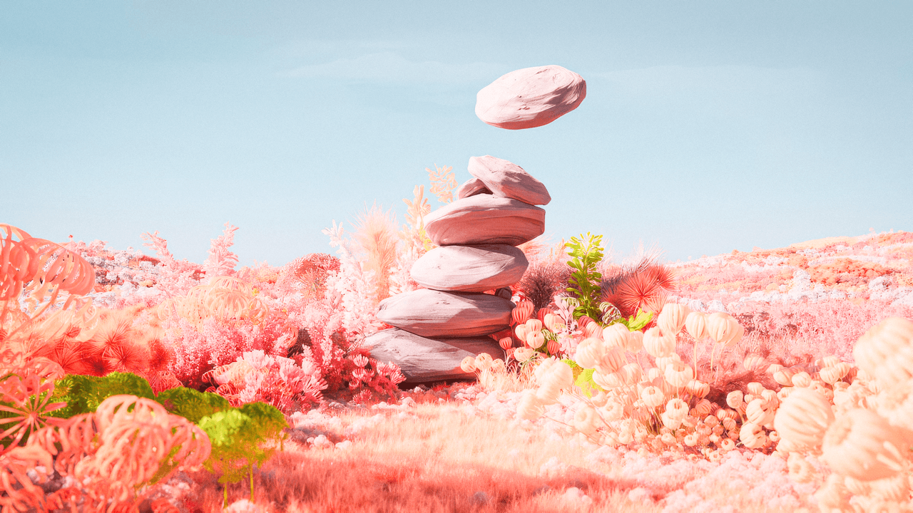 A surreal landscape with pink rocks, floating formations, and a light blue sky during easter.