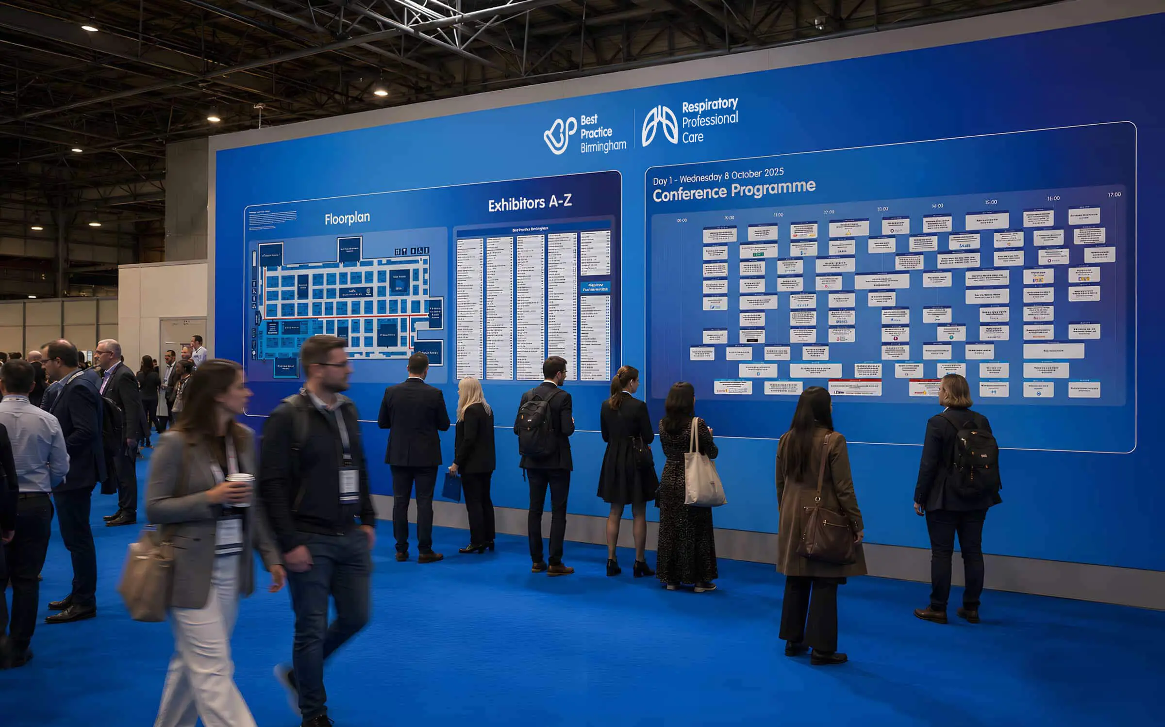 Large format exhibition wall graphics featuring floorplan, exhibitor list, and conference programme for Best Practice Birmingham by Thomas Harvey