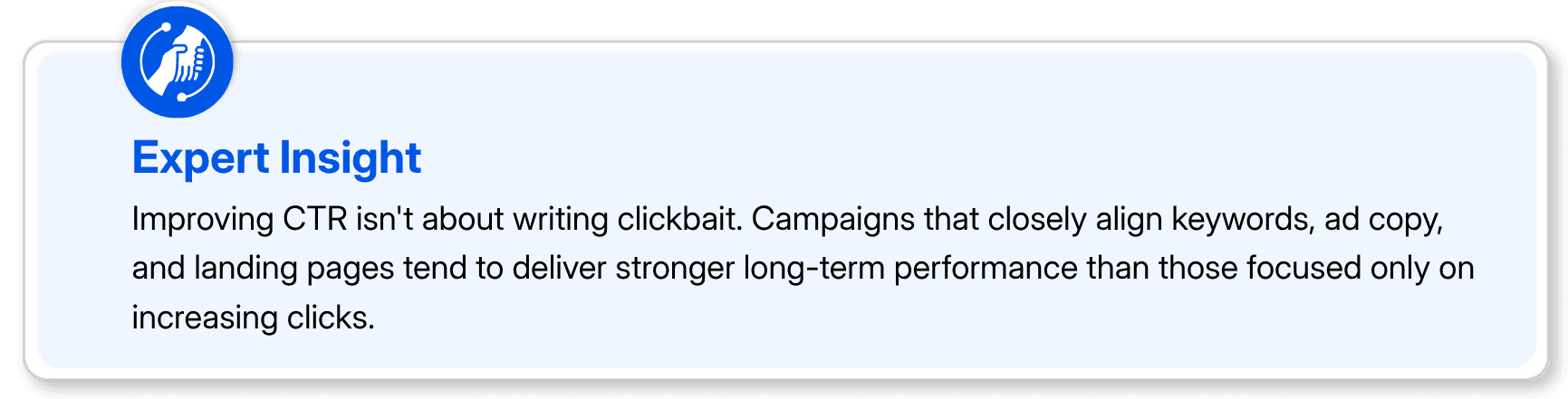 Expert insight callout with advice on improving Google Ads CTR through relevance.