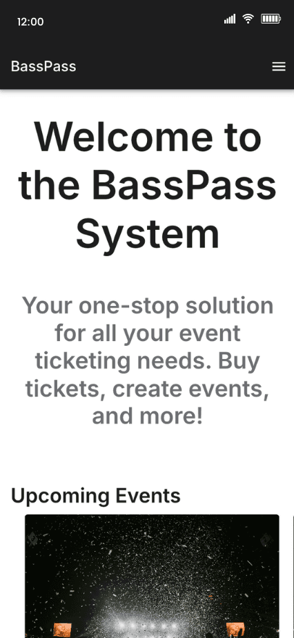 BassPass mobile app showing the homepage for purchasing and showing real-time ticket availability for EDM festivals and raves