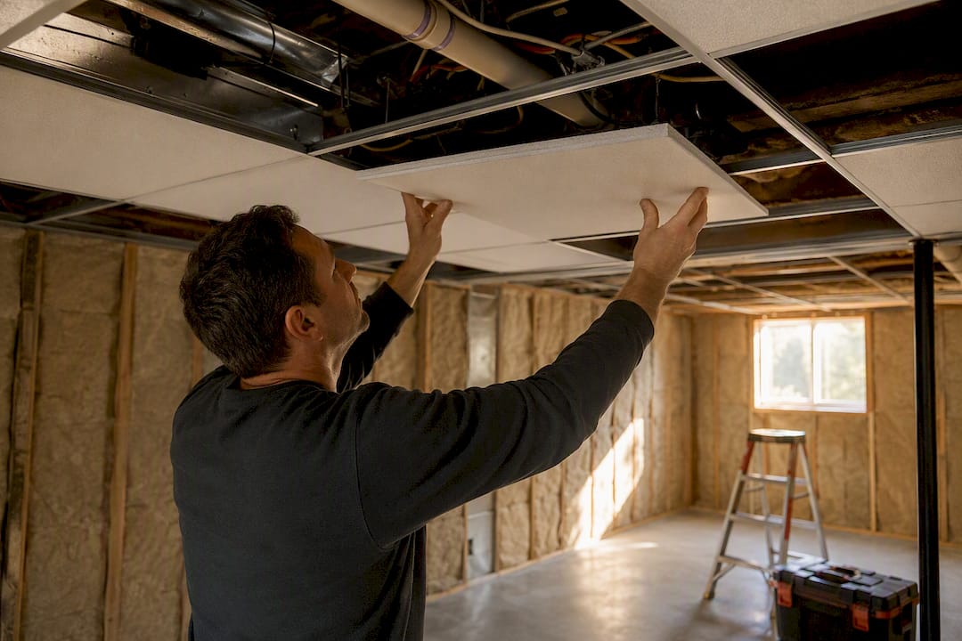 Hands removing drop ceiling tile exposing utilities