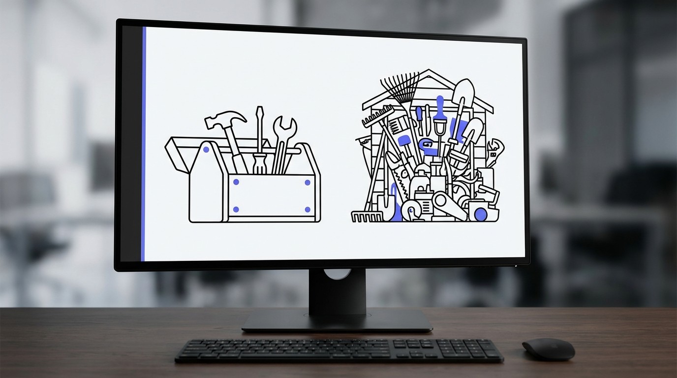 A side-by-side comparison illustration showing a small, organized toolbox on the left versus a large, complex, and cluttered tool shed on the right, representing the difference between essential utility and comprehensive capacity.