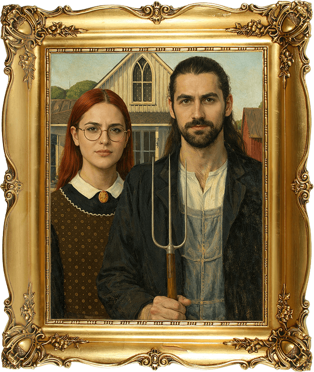 American Gothic style portrait of a man and woman with a pitchfork.