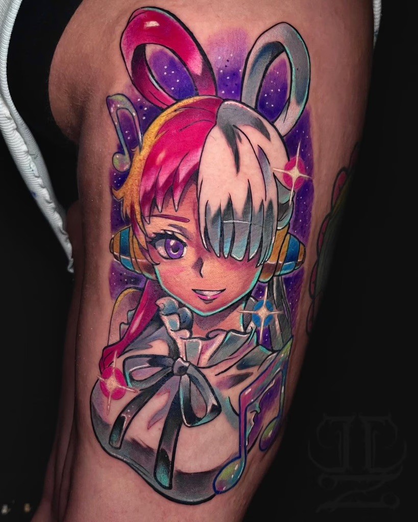 Vibrant tattoo of Uta, Shanks’ daughter from One Piece, with a musical and cosmic background by artist Jorge CZ