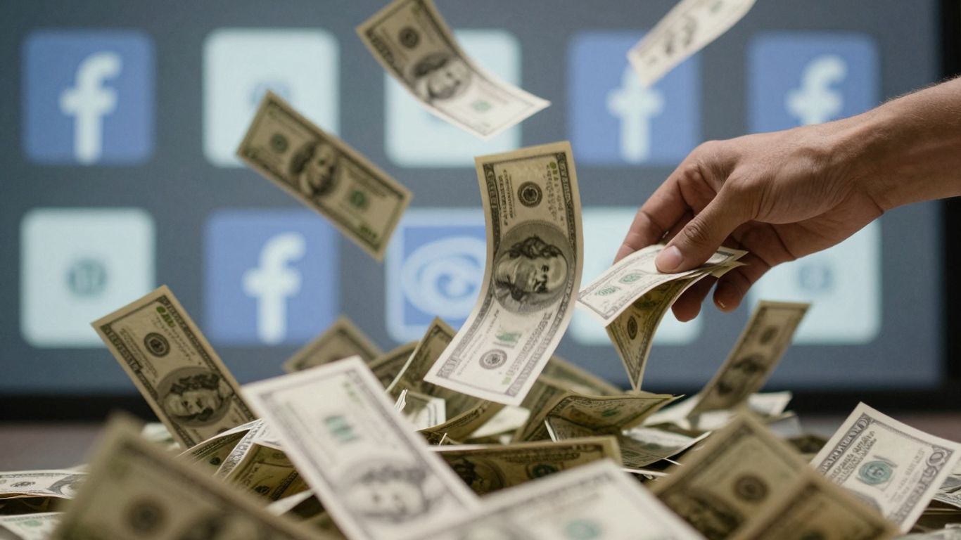 Money falling into a digital void with Facebook logos.