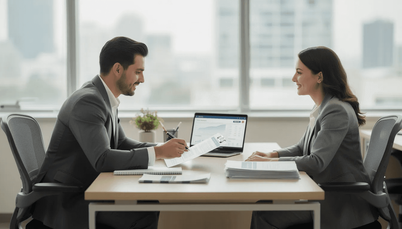 A professional advisor is seated at a modern office desk, explaining important documents related to trust law and estate administration to a client. The interaction highlights the advisor's fiduciary duties and the client's understanding of the legal implications of signing contracts and managing trust assets.