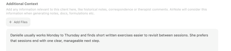 The Additional Context section of the client panel, showing the Add Files button above the text box.