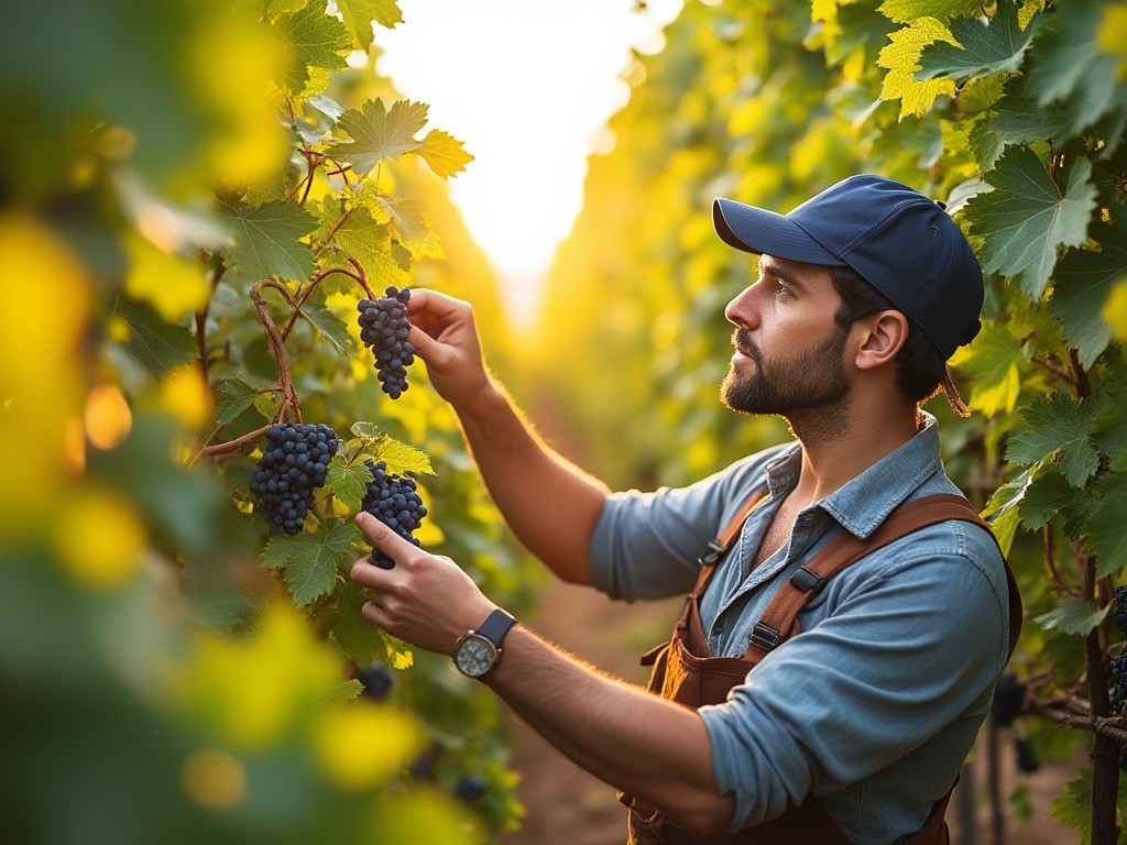 Farmer harvesting grapes during harvest season, organic farming in the vineyard.