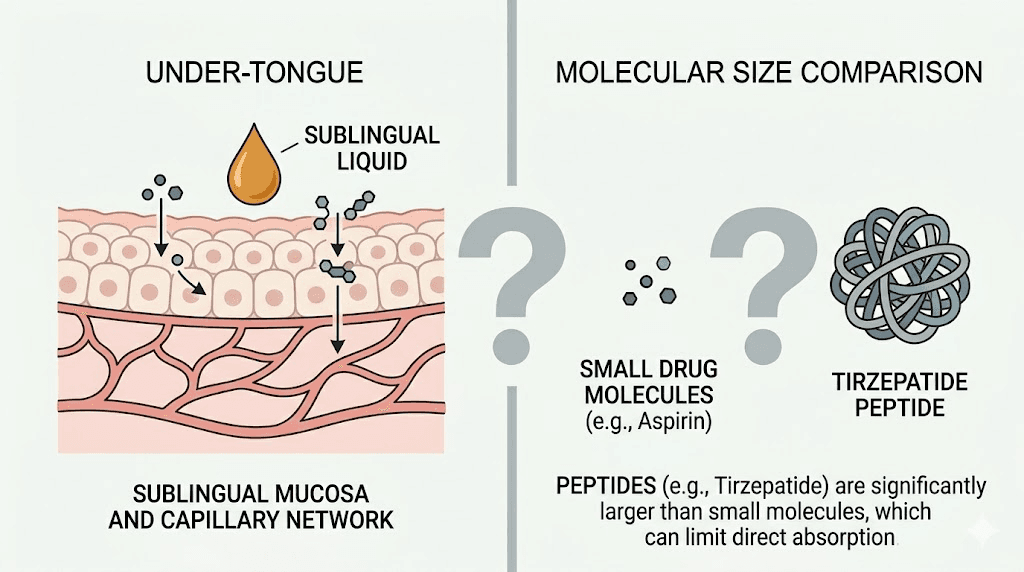 Sublingual tirzepatide drops absorption pathway and molecular size comparison