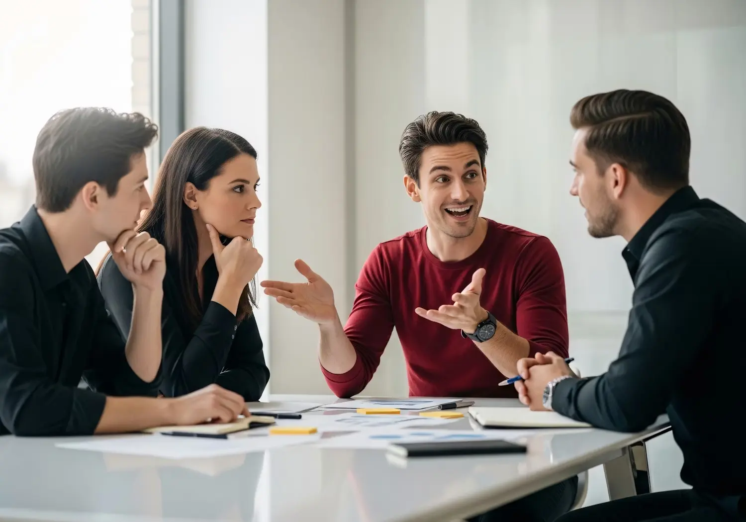 Team of four coworkers discussing ideas around a table.