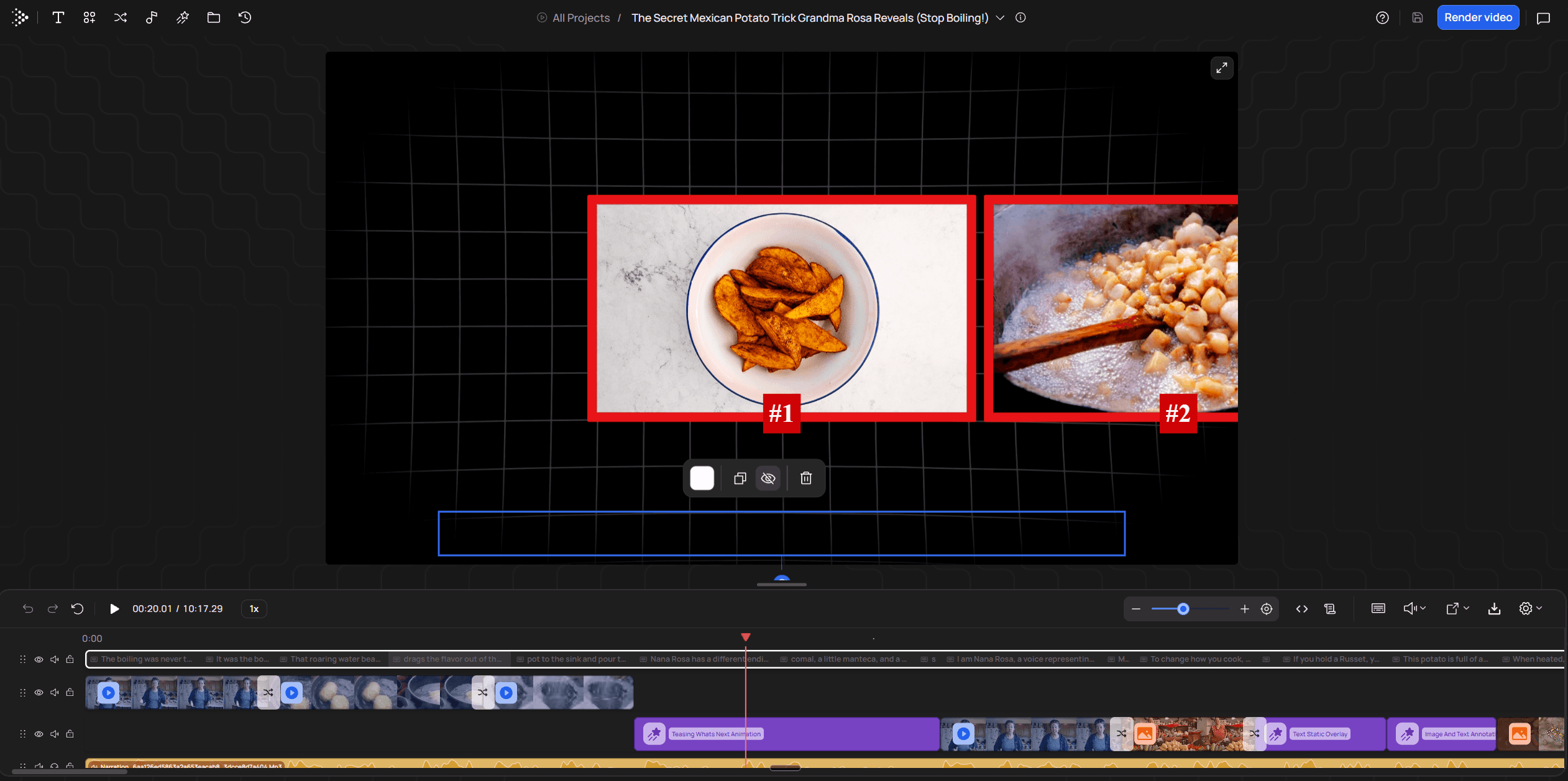 VidRush multi-track timeline with one clip selected and the Replace Media panel showing Storyblocks, library, upload and URL options