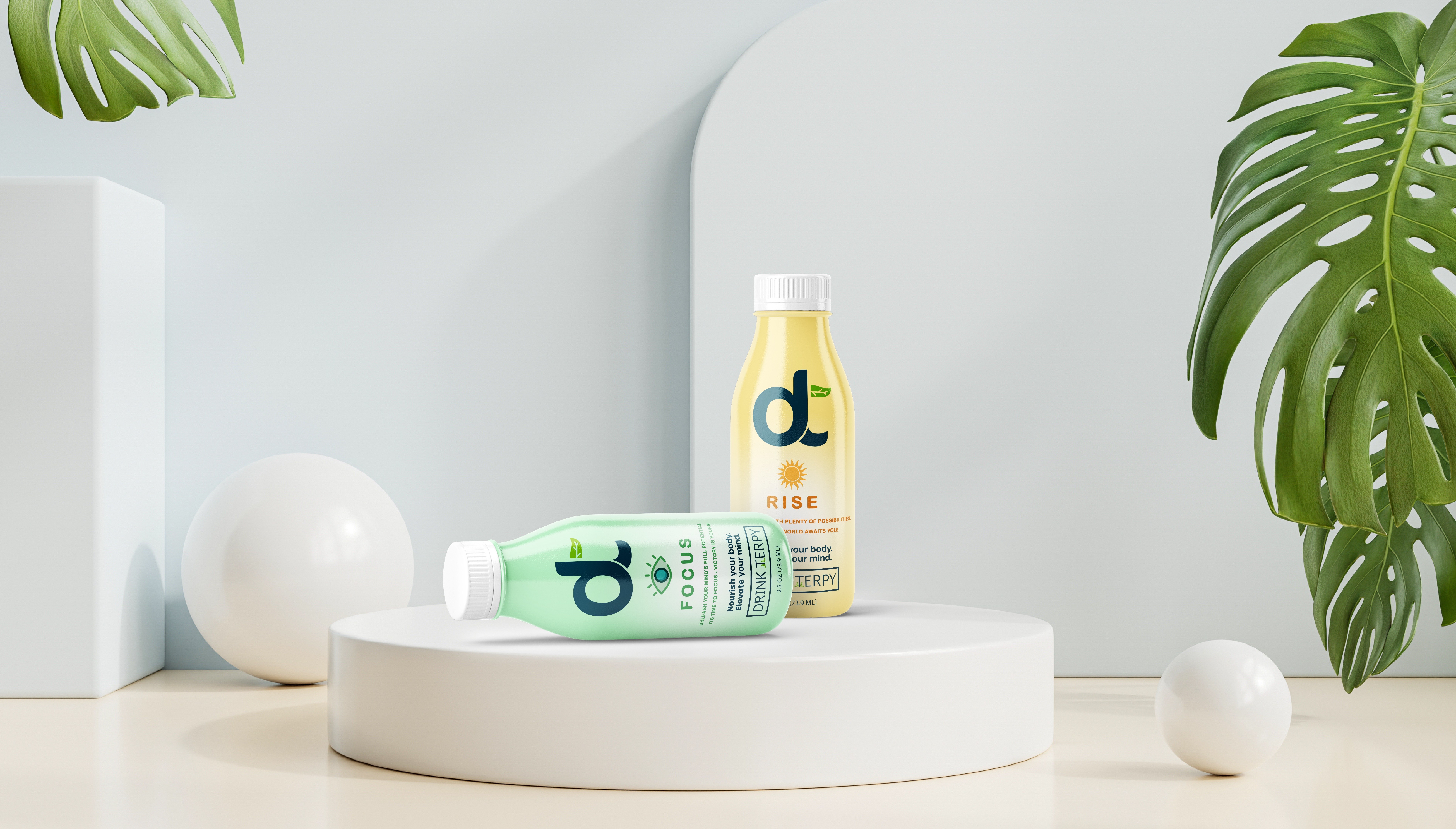 Two bottled drinks on a white platform with a plant, Focus and Rise drinks.