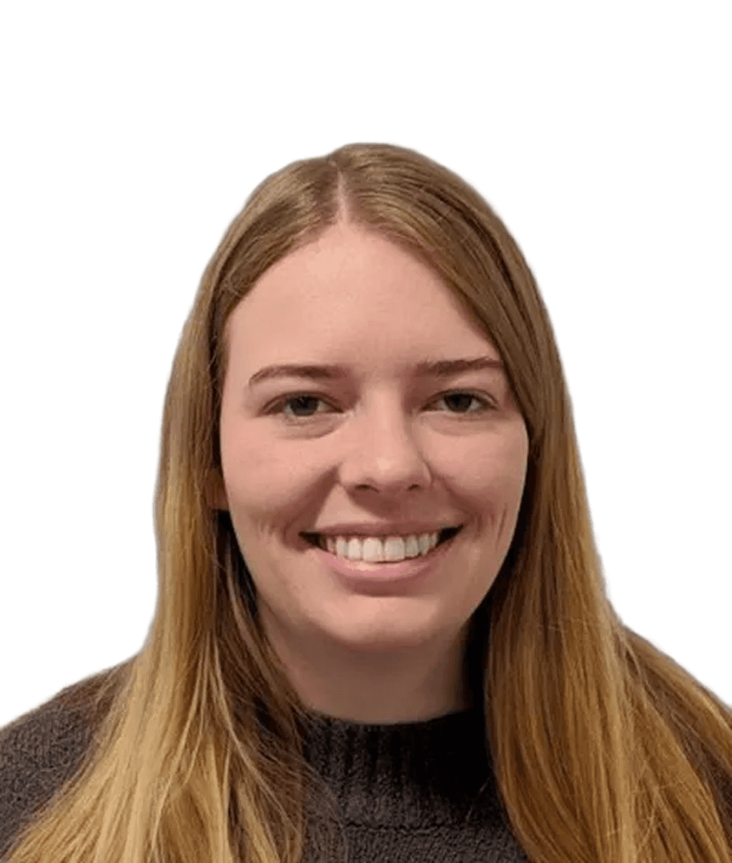 Headshot of a smiling person with tousled blond hair, wearing a black shirt, against a plain white background.