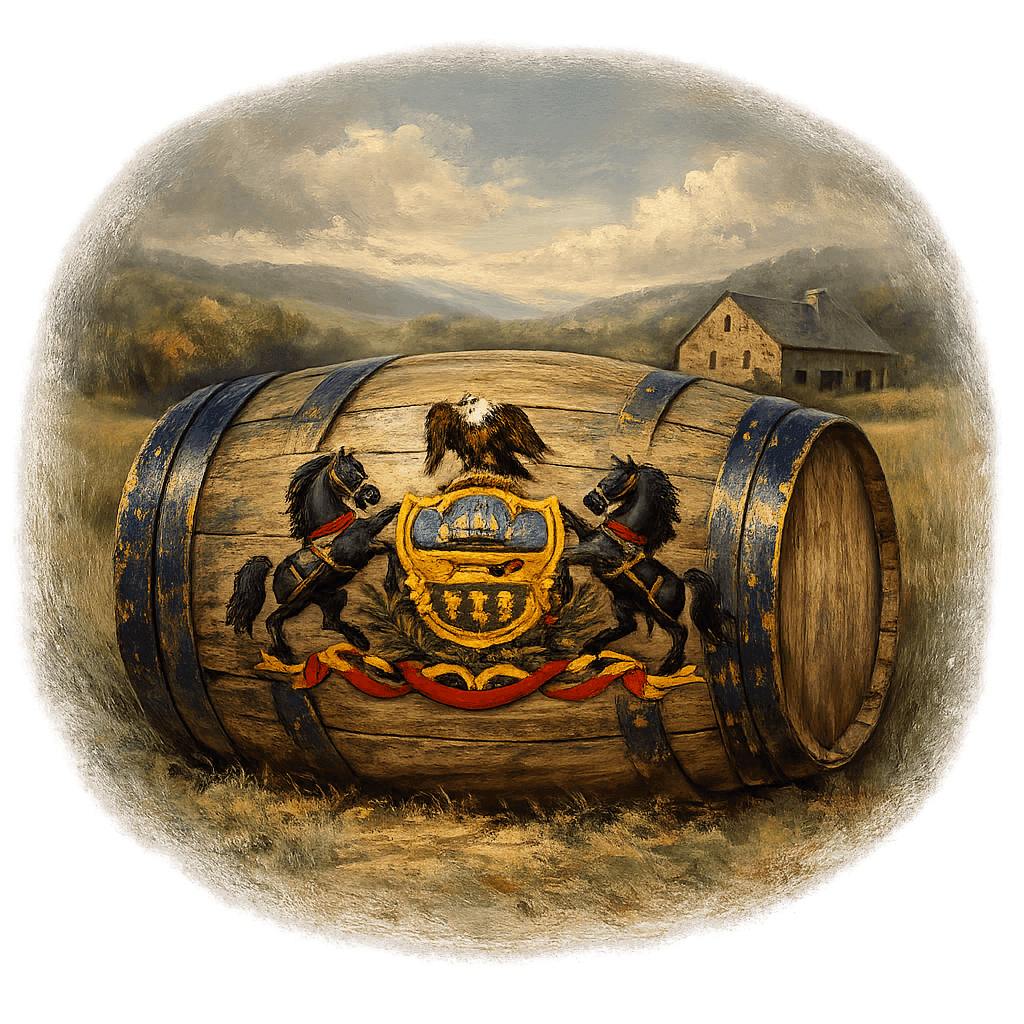 Wine barrel featuring the Pennsylvania national emblem for regional wine education.