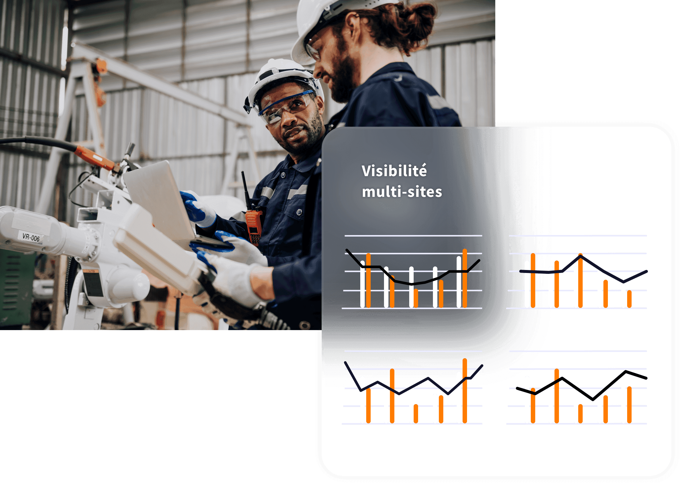Deux ouvriers échangeant dans une usine avec un ordinateur dans la main