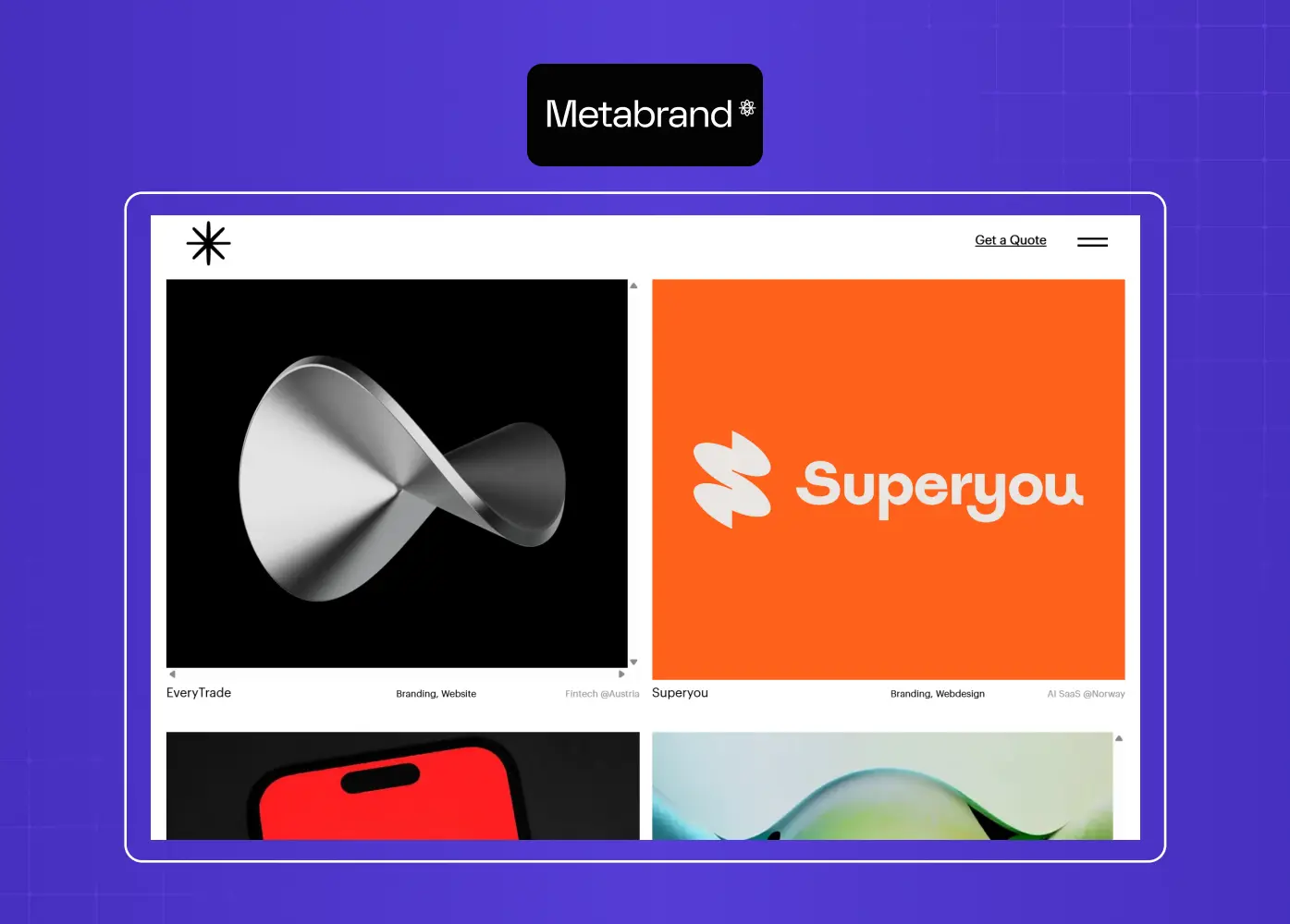 Portfolio gallery from Metabrand displaying bold branding and visual identity work across multiple client projects.