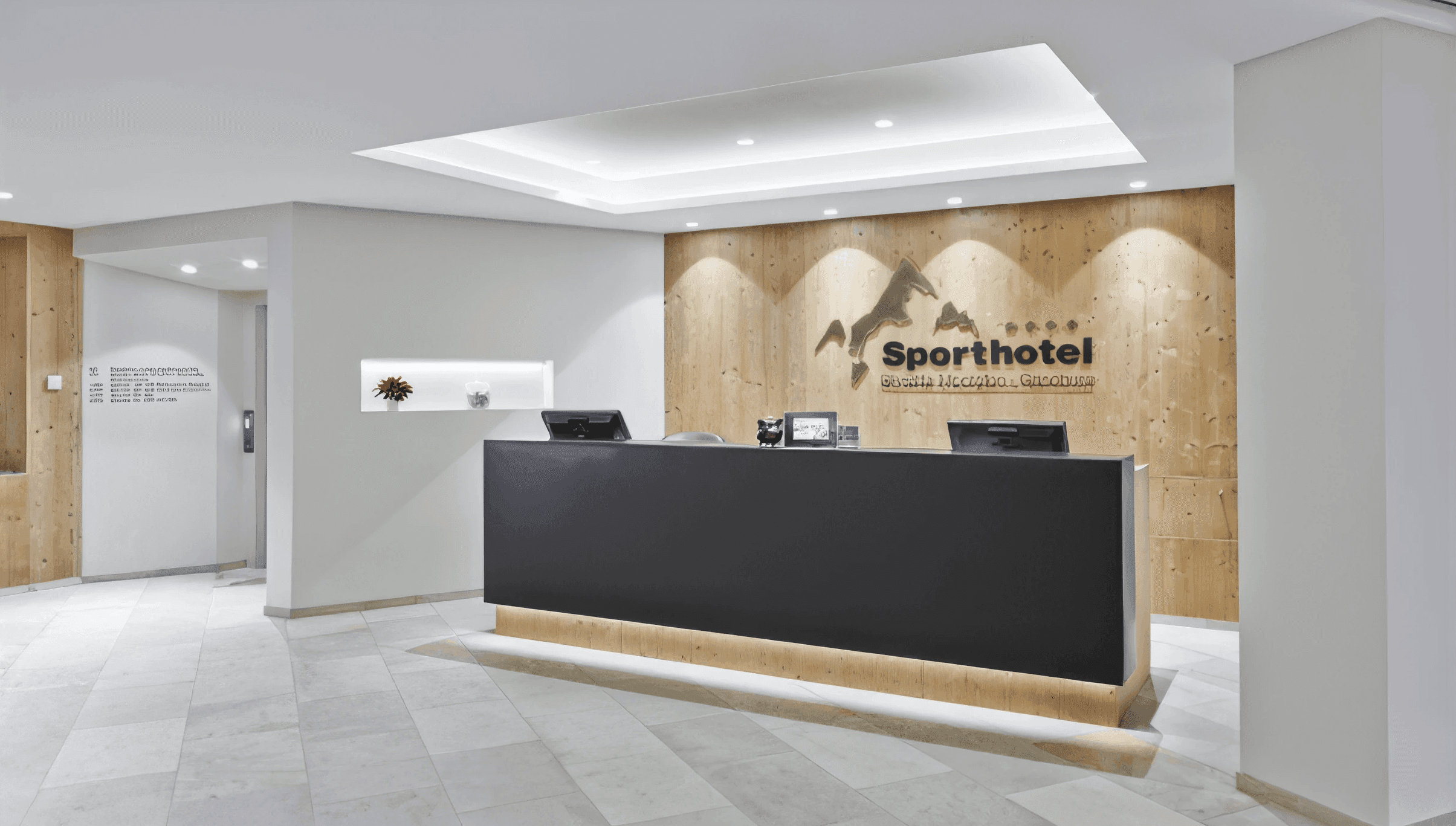 MW Interior  - Moderne Hotelrezeption mit anthrazitfarbenem Tresen, indirekter Bodenbeleuchtung und Zirbenwand mit eingelassenem Sporthotel-Logo" Beschreibung: Klare, einladende Rezeption mit anthrazitfarbenem Empfangstresen auf leuchtendem Holzsockel und einer großformatigen Zirbenwand mit Markenlogo – alpine Materialität und modernes Design in perfekter Balance.