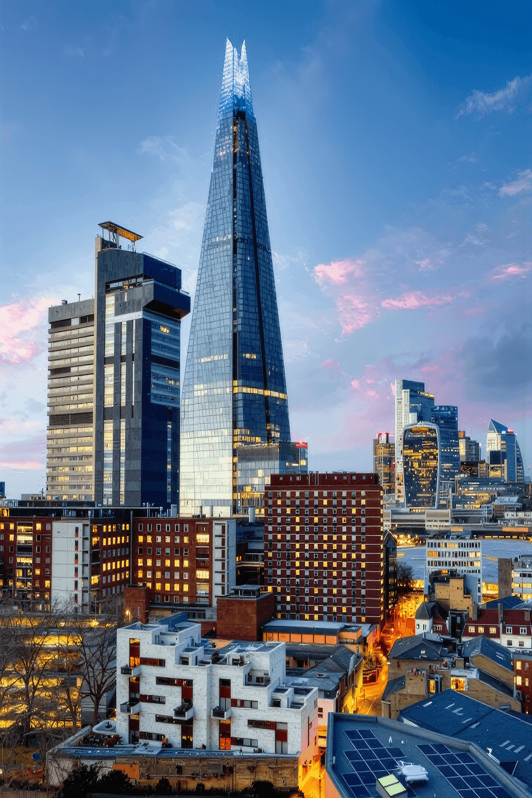 London’s Shard at dusk—precision engineering above a financial skyline