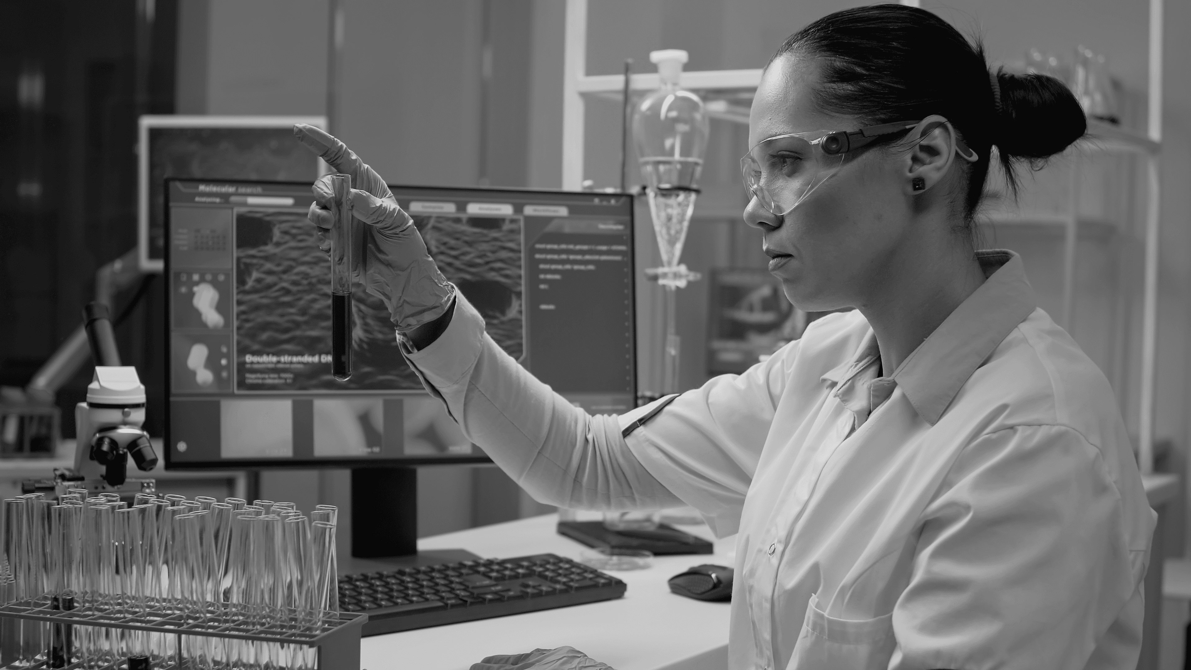 A scientist working with test tubes in a laboratory while analyzing data on a computer screen.