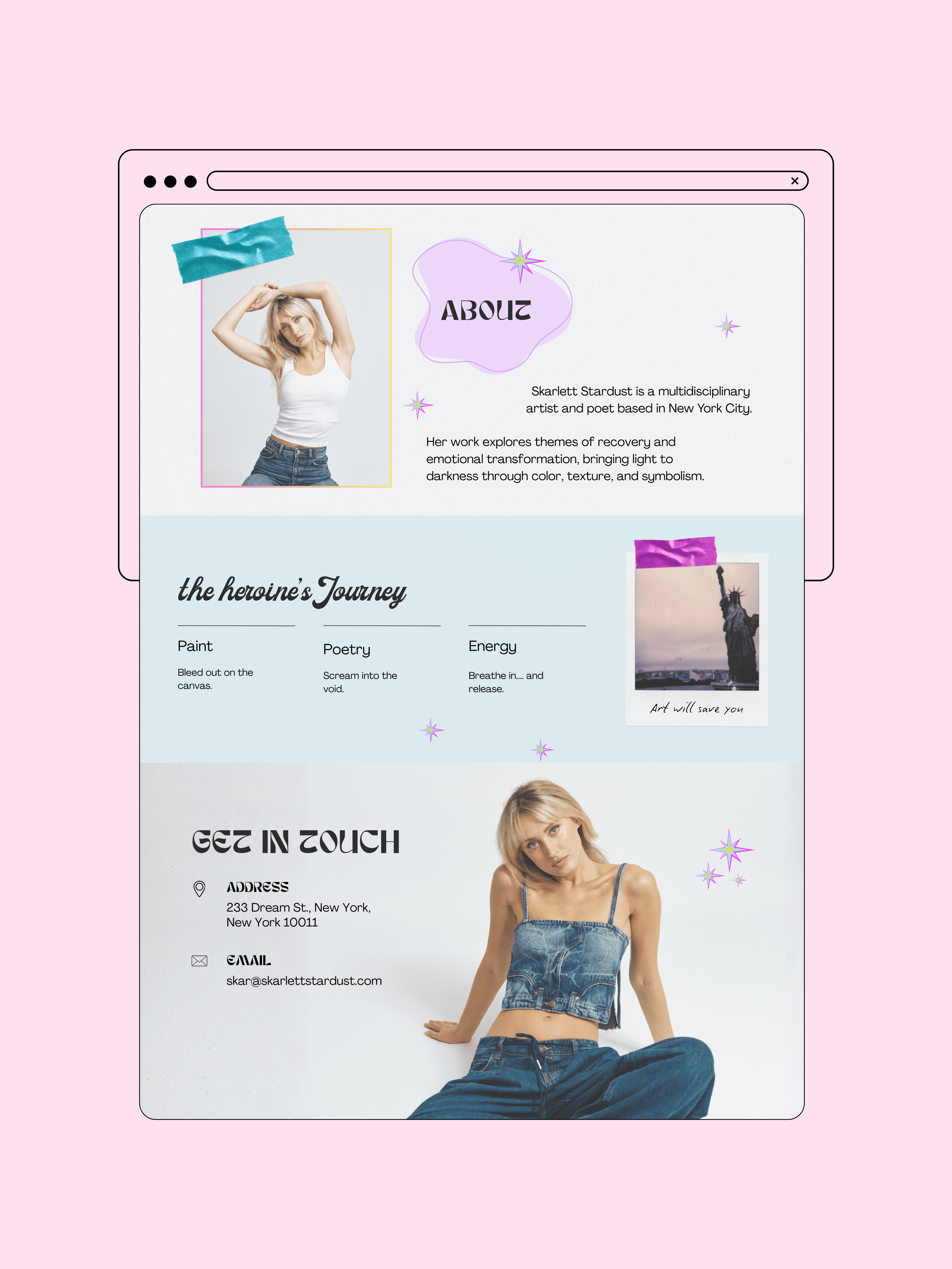 About page design for Skarlett Stardust highlighting artistic identity and creative themes.