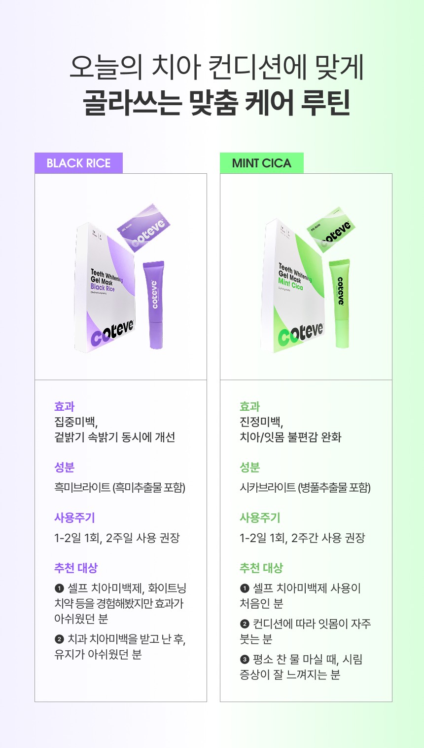 치아 컨디션별 흑미와 민트 시카 맞춤 케어 비교표