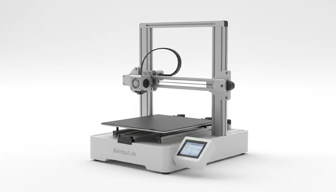 DSLR product photography of a modern Bambu Lab A1 3D printer, isolated on a pure white background. The shot is taken from a three-quarters angle under soft studio lighting, creating subtle, gentle shadows. The printer has a silver brushed aluminum gantry and frame, a matte black textured build plate, and a clean white base with a small integrated touchscreen. The entire object is in crisp, sharp focus, highlighting the high-quality materials and precise construction.