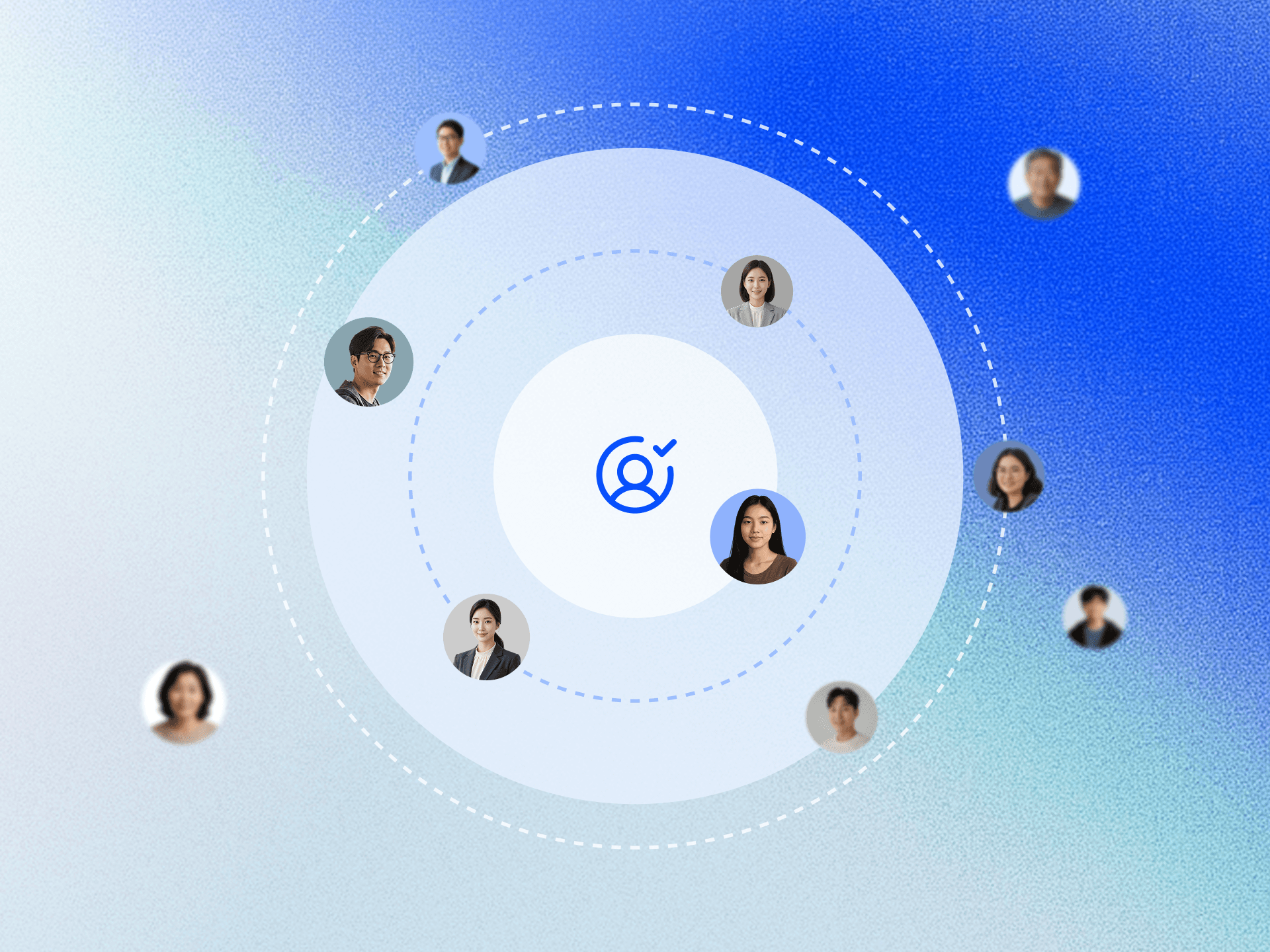 Abstract graphic featuring a central circle with various figures around it, set against a gradient blue background.