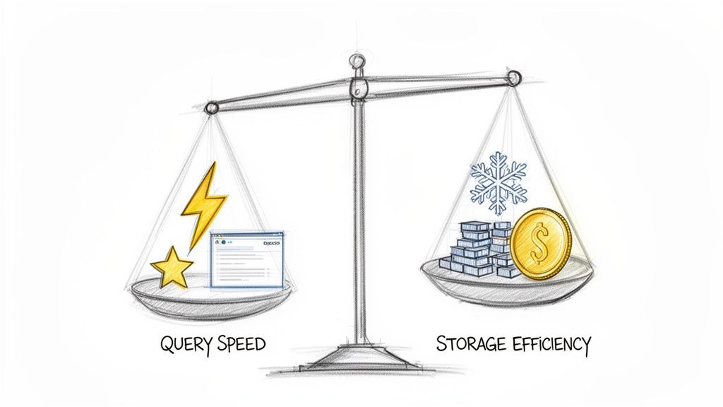 A balanced scale showing query speed (lightning, star, query window) versus storage efficiency (snowflake, blocks, coin).