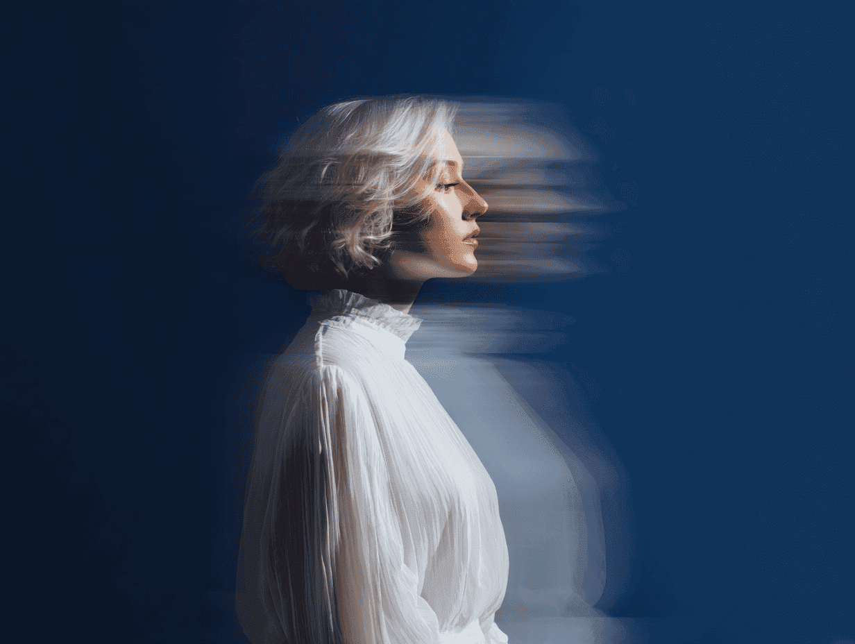 A woman with short blonde hair stands in profile against a deep blue background. She's wearing a white blouse, with a blurred double exposure effect.