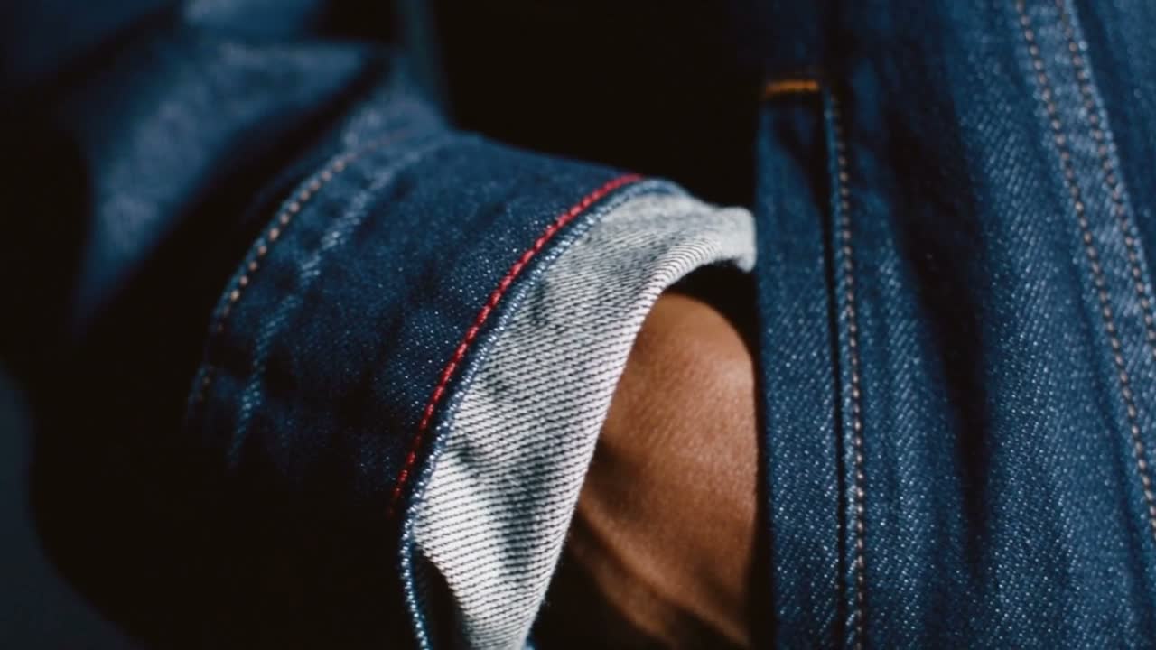 Selvedge edge with red stitch line in motion, film still