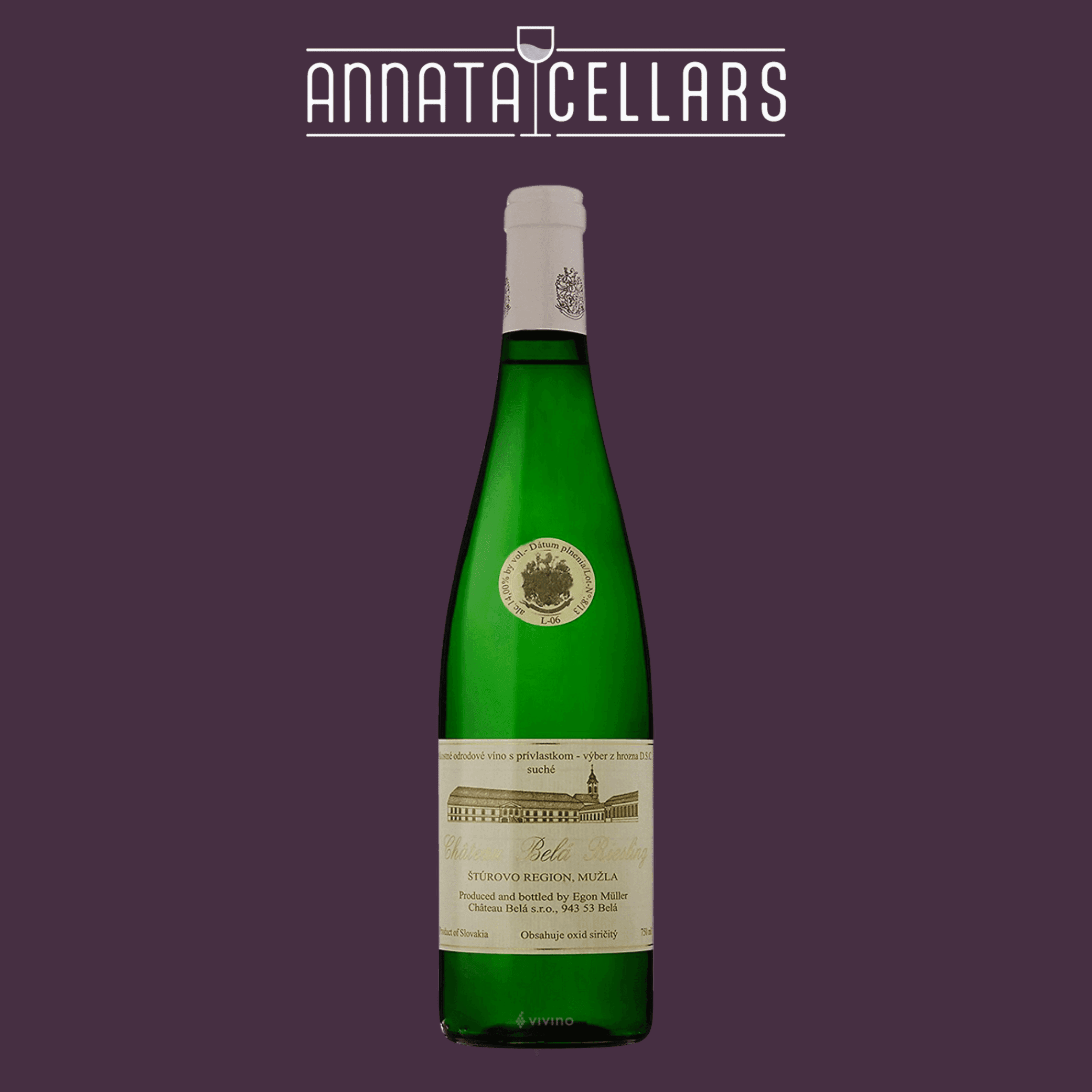2023 Chateau Bela Riesling wine bottle with a label on a purple background, featuring 'Annata Cellars' branding.
