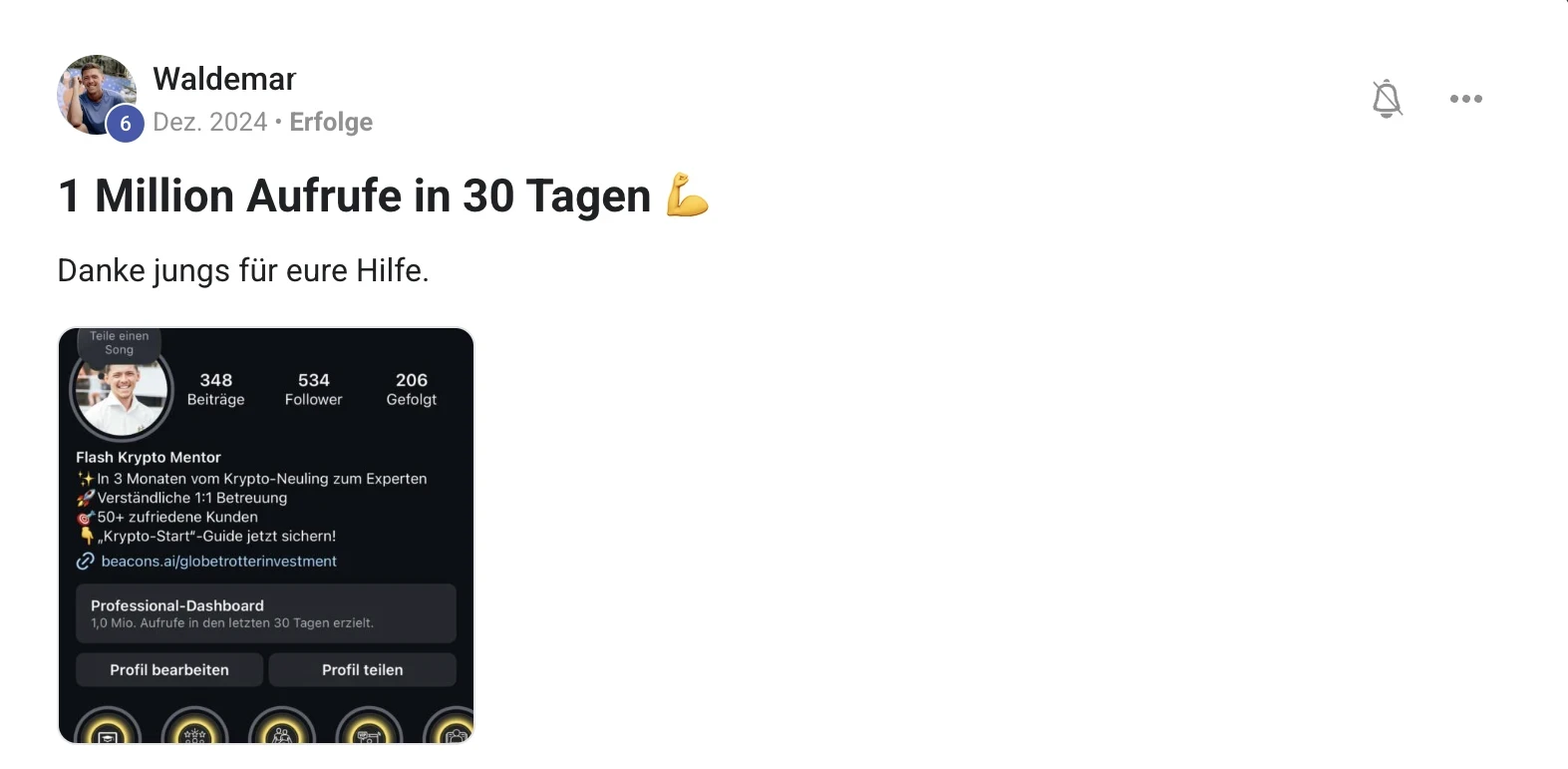 Kundenstimme KI Creator Akademie: Krypto-Creator Waldemar erzielt 1 Million Aufrufe in 30 Tagen