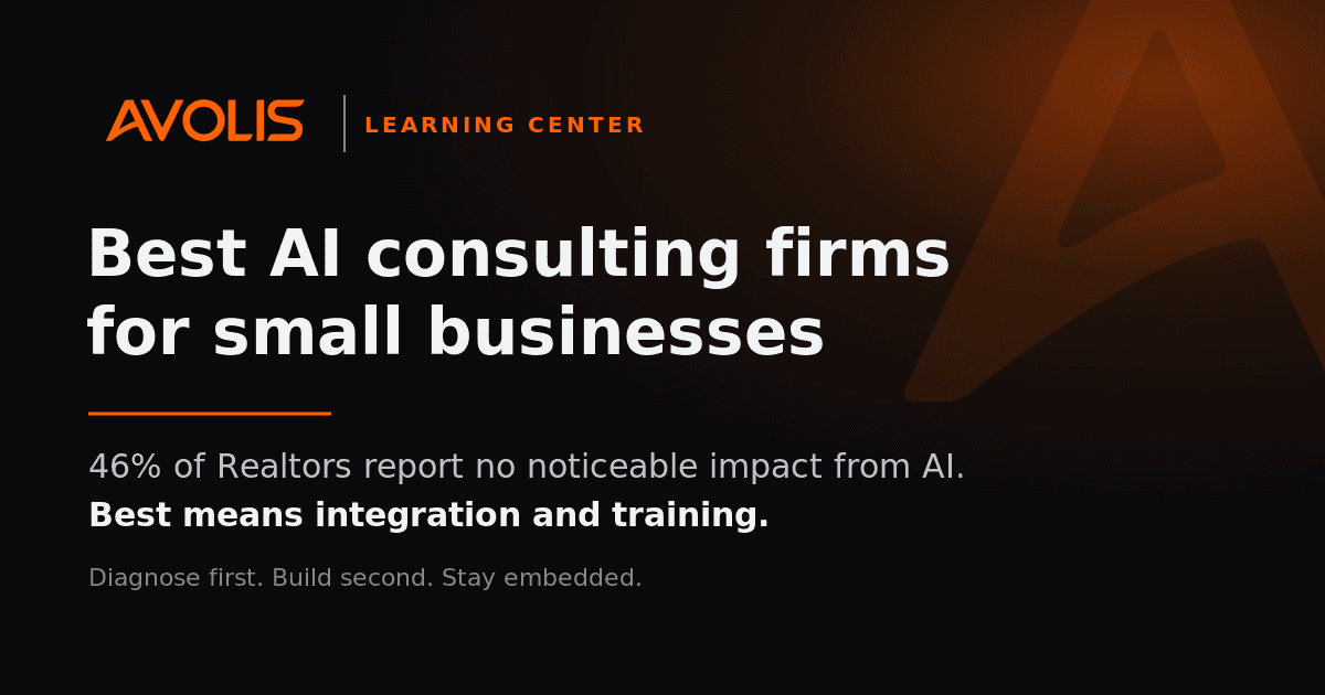 Title card reading 'Best AI consulting firms for small businesses' with the finding that 46 percent of Realtors report no noticeable impact on their business from AI.