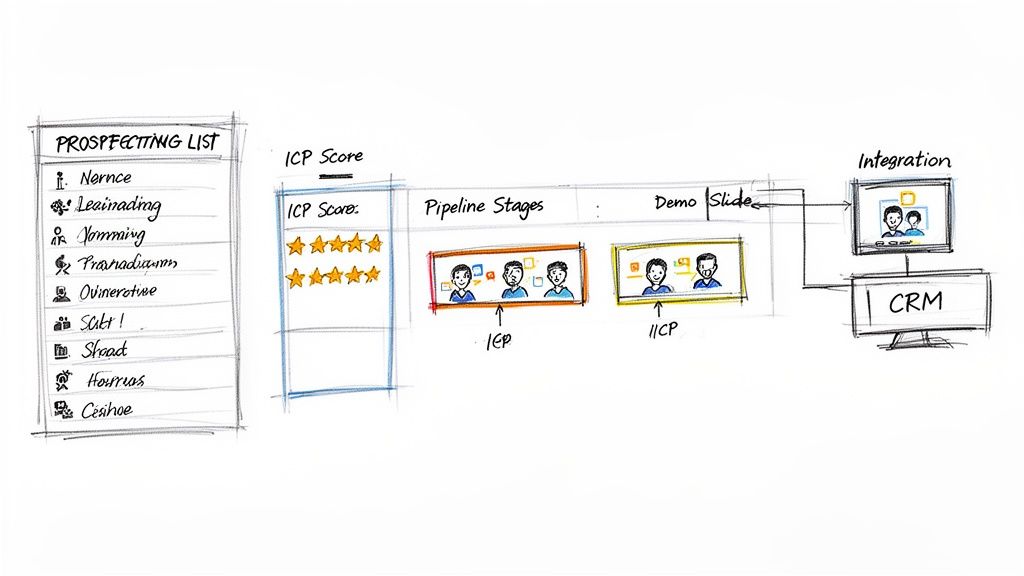 A sales process flow diagram illustrating prospecting, ICP scoring, pipeline stages, demo, and CRM integration.