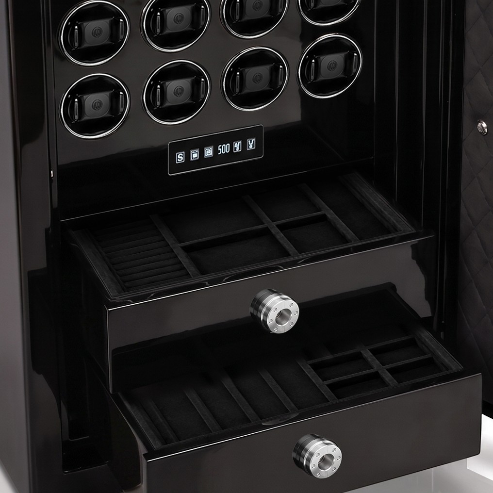 Arcana Large luxury safe in gloss black, close view of the interior, drawers open on their velvet trays